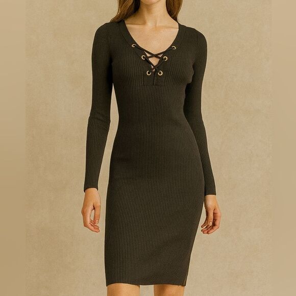 Black Ribbed Lace-Up Bodycon Dress S Long Sleeve Mini Figure Hugging Sexy - Picture 1 of 7